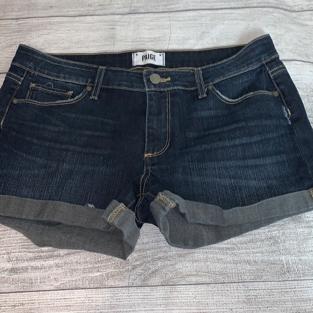 PAIGE Dark Indigo Rolled Hem Denim Shorts